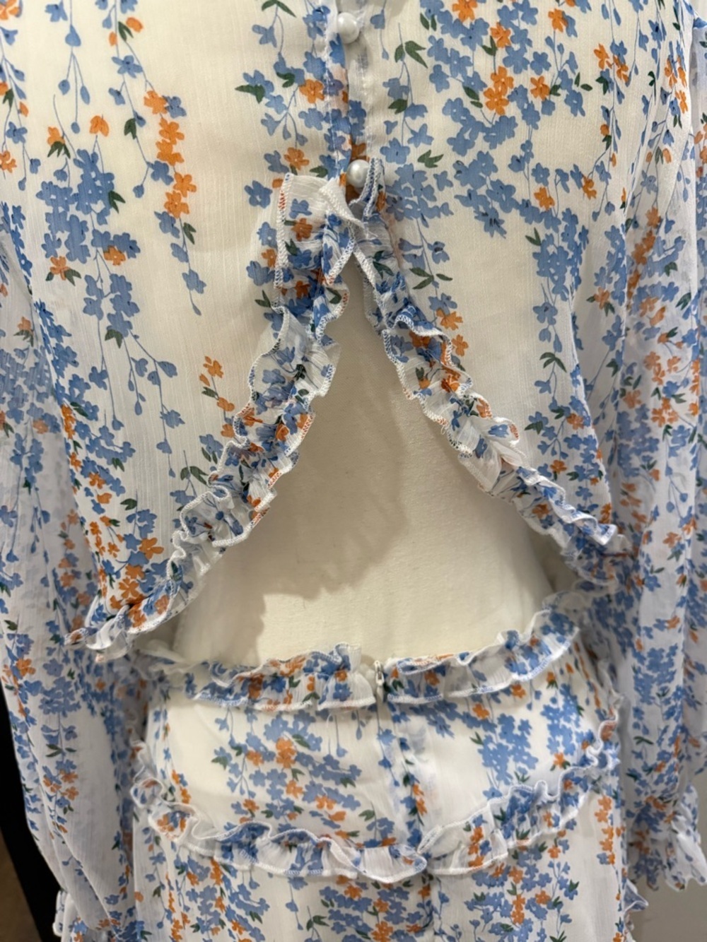 Floral Ruffle Mini Dress Cottagecore Sheer Long Sleeve Boho Size L - Picture 4 of 4